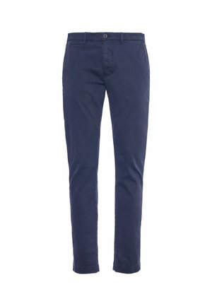 Chinos blu navy in cotone, con design a gamba dritta, tasche frontali e chiusura con bottone in vita. Texture liscia.