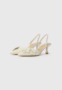 Des escarpins slingbacks de couleur crème avec un bout pointu, ornés d'appliqués floraux sur le devant et d'un petit talon bloc transparent.