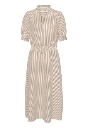 Rochie midi bej cu dungi verticale roșii, mâneci scurte bufante, talie elastică și un mic guler în V.