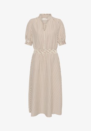 Rochie midi bej cu dungi verticale roșii, mâneci scurte bufante, talie elastică și un mic guler în V.