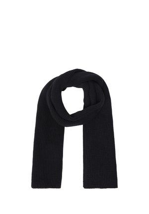 Schwarz gestrickter Schal, in der Mitte mit Schlaufe gefaltet, zeigt ein strukturiertes Rippenmuster und gerade Enden auf weißem Hintergrund.