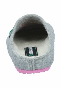 Gray felt slipper with a soft texture, featuring a pink rubber sole and a black tag inside. Round toe and closed-back design.