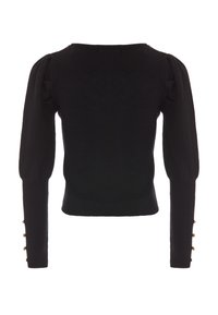 Pulover negru din tricot, cu o siluetă ajustată, guler rotund și mâneci bufante. Are detalii cu butoane aurii pe manșete.