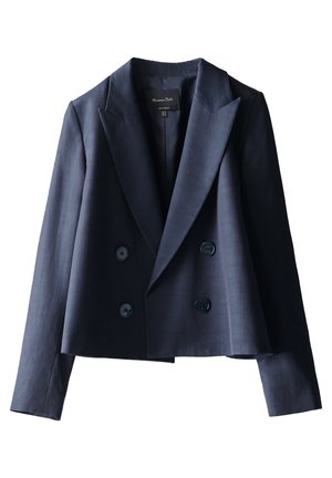 Merensininen kaksirivinen bleiseri leveillä kauluksilla, neljällä napilla ja pitkillä hihoilla, esitetty valkoisella taustalla.