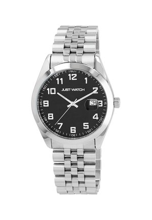 Silberner Edelstahl-Uhr mit schwarzem rundem Zifferblatt, großen weißen Ziffern, Datumfenster bei 3 Uhr und einem verlinkten Metallarmband.