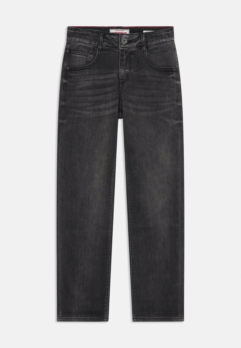 Jean en denim noir à jambes droites avec poches avant, passants pour ceinture, fermeture par bouton et détails subtilement délavés sur les cuisses.