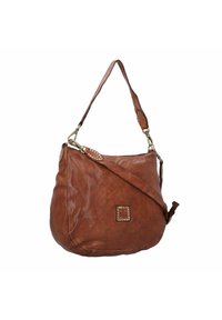 Borsa a spalla in pelle marrone con un design morbido, accentuata da dettagli in metallo dorato e borchie, dotata di una tracolla principale e di una maniglia più corta.