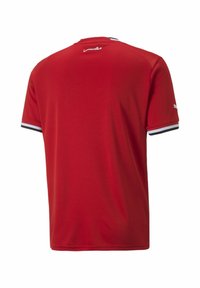 Raudonas sportinis marškinėliai su trumpomis rankovėmis, puošti juodais ir baltais dryžiais ant rankovių, pagaminti iš lygaus, kvėpuojančio pluošto.