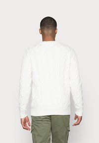 Vit kabelstickad tröja med ett texturerat mönster, ribbade muddar och fåll. Buren över gröna cargobyxor, sedd bakifrån.