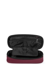 Etui z zamkiem błyskawicznym w kolorze bordowym z czarnym wnętrzem. Oferuje kieszeń na zamek oraz elastyczne paski do organizacji zawartości.