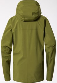 Olivgrön vattentät jacka med huva, slät yta, långa ärmar och minimalistisk design med rak passform och utan synlig hårdvara.