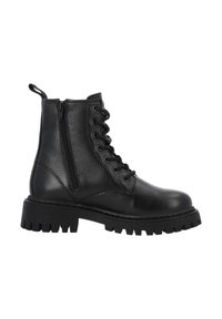 Bota de combate de cuero negro con suela gruesa y agarrada, cordones en la parte frontal, cremallera lateral y asa en la parte trasera.