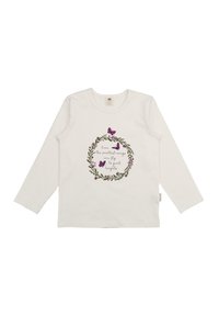 Langärmliges weißes Baumwollhemd mit einem kreisförmigen Blumendesign, lila Schmetterlingen und Text in der Mitte. Weicher Stoff, lässige Passform.