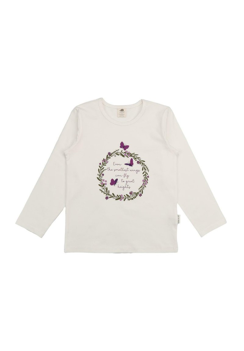 Langärmliges weißes Baumwollhemd mit einem kreisförmigen Blumendesign, lila Schmetterlingen und Text in der Mitte. Weicher Stoff, lässige Passform.