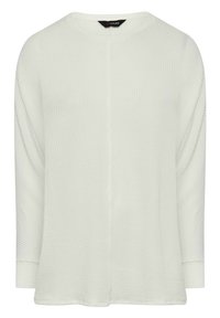 Bílý lehký svetr s ribkovanou strukturou, dlouhými rukávy a kulatým výstřihem. Má volný střih a rovný lem.