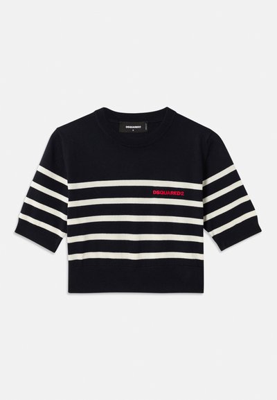 Black cropped sweater with white horizontal stripes on sleeves and body, featuring red "DSQUARED2" logo on chest.