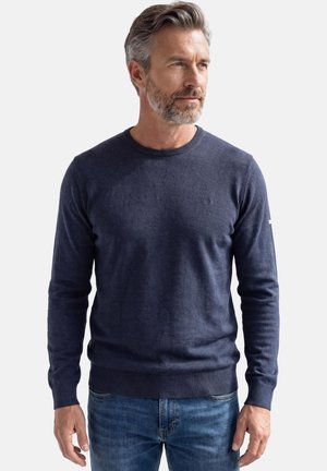 Mand med gråt hår og skæg iført navyblå sweater og blå jeans, der kigger mod højre, stående mod en ensfarvet baggrund.