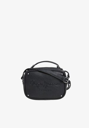 Borsa nera in sintetico con superficie texture, forma rettangolare, manico superiore, tracolla regolabile e logo embossato "Pepe Jeans London".