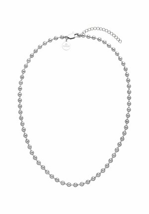 Zilveren kraalketting met uniforme, gepolijste metale bollen, voorzien van een sluiting en een verlengkettinkje voor verstelbare lengte.