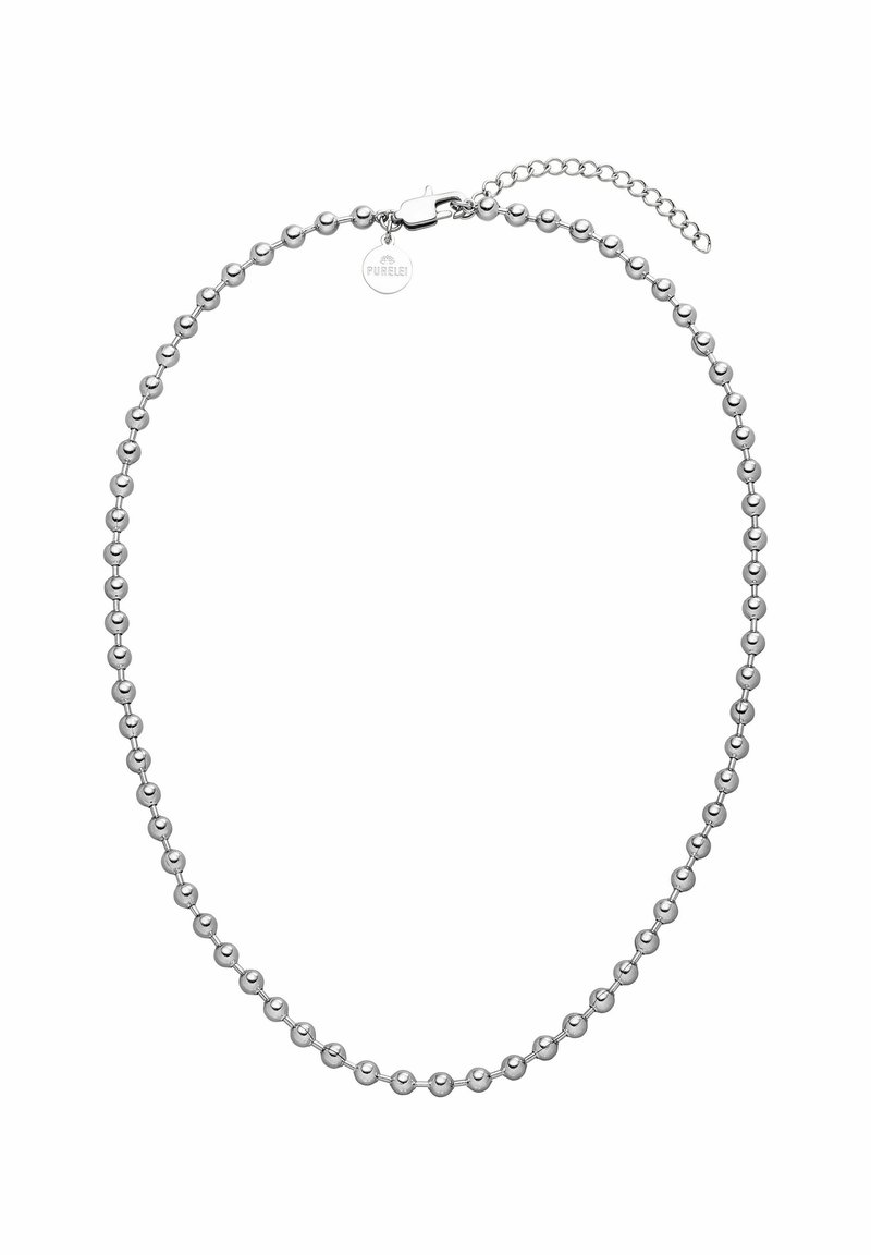 Silberne Perlenkette mit einheitlichen, polierten Metallsphären, ausgestattet mit einem Verschluss und einer Verlängerungskette für eine einstellbare Länge.