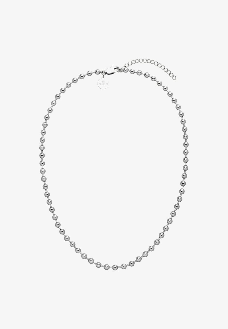 Silberne Perlenkette mit einheitlichen, polierten Metallsphären, ausgestattet mit einem Verschluss und einer Verlängerungskette für eine einstellbare Länge.