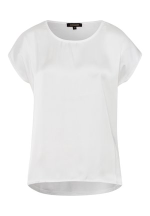 Witte blouse met korte mouwen, ronde hals en subtiele plooien aan de voorkant, iets langere zoom aan de achterkant, maat 36 label zichtbaar.