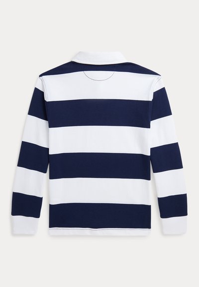 Μπλούζα πόλο με μακριά μανίκια σε ναυτικό και λευκό ριγέ σχέδιο, από μείγμα βαμβακιού, διαθέτει γιακά και ίσια τελείωση, με ομοιόμορφες οριζόντιες ρίγες.