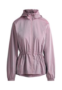 Veste à capuche violet clair avec fermeture éclair à l'avant, taille élastique et manches avec poignets, présentée sur un fond blanc.