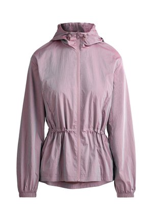 Hellviolette Kapuzenjacke mit Frontreißverschluss, elastischem Bund und Bündchenärmeln, präsentiert vor weißem Hintergrund.