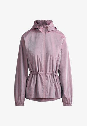 Giacca con cappuccio color viola chiaro con cerniera frontale, vita elastica e maniche con polsini, mostrata su sfondo bianco.