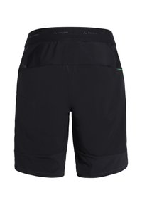 Pantalones cortos deportivos negros con cinturilla elástica, logo de Vaude en la cinturilla, bolsillo trasero en el lado derecho y etiqueta verde en el lado izquierdo.