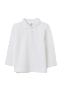 Weißes Polohemd mit langen Ärmeln aus Baumwolle. Es verfügt über einen klassischen Kragen und eine Knopfleiste mit drei Knöpfen. Glatte Textur, ohne Muster.