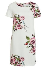 Kortärmad klänning i vitt tyg med blommönster som har rosa rosor och gröna blad, rund halsringning och avslappnad passform.