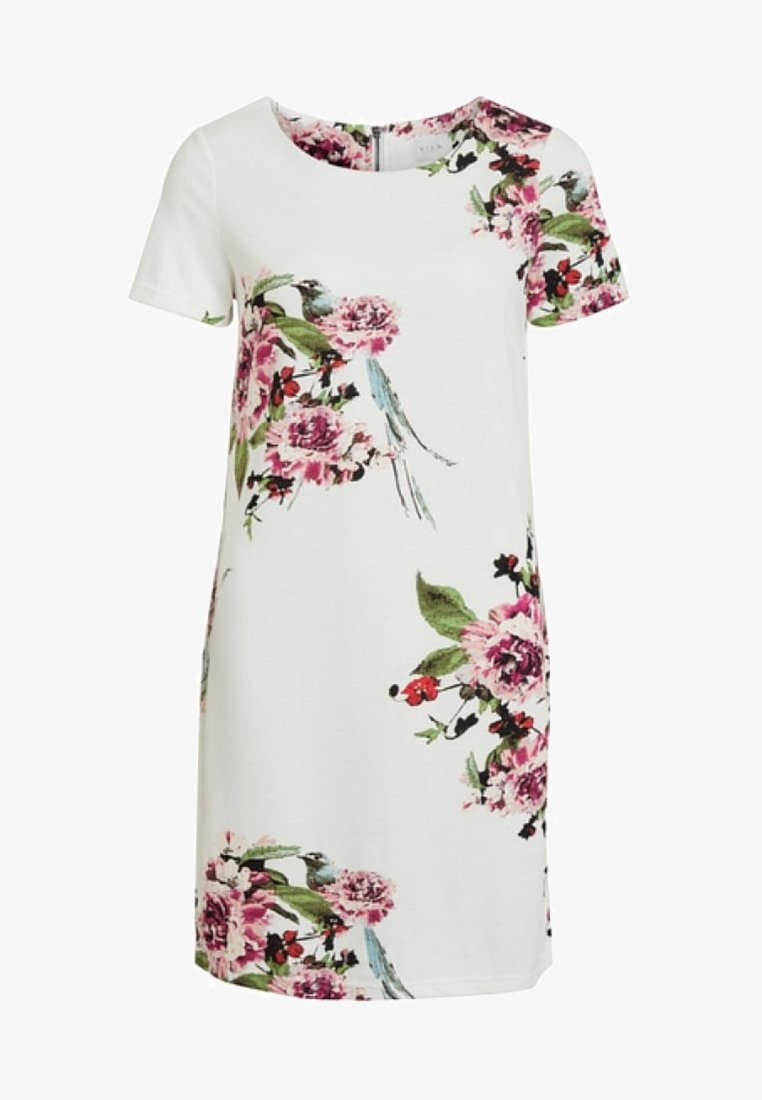 Kortärmad klänning i vitt tyg med blommönster som har rosa rosor och gröna blad, rund halsringning och avslappnad passform.