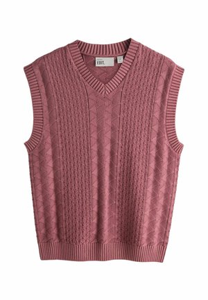 Mauve gestrickte ärmellose Pulloverweste mit V-Ausschnitt, strukturierten Diamant- und Zopfmustern, gerippten Abschlüssen am Ausschnitt, an den Armlöchern und am Saum.