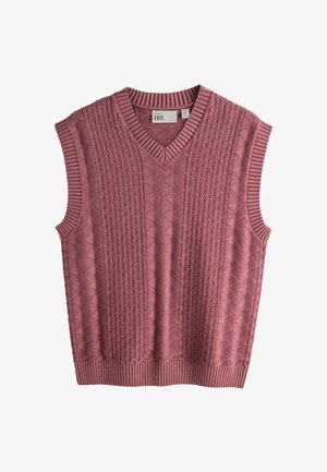 Orgonalila ujjatlan kötött pulóvermellény V-nyakkivágással, texturált gyémántmintás és zsinórmintás kötött mintákkal, bordázott szegéllyel a nyakkivágásnál, karöltőknél és az alsó szegélynél.