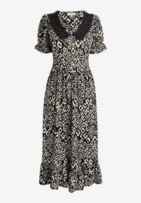 Robe noire mi-longue avec imprimé léopard beige, manches bouffantes, ourlet à volants et grand col noir avec broderie florale.