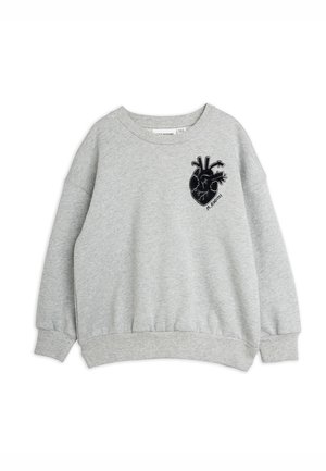 Lysegrå langærmet sweatshirt med ribbet manchetter og kant, med en sort anatomisk hjertegrafik på øverste venstre del af brystet.