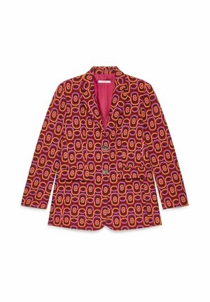 Mehrfarbiger Blazer in Rot, Pink und Orange mit einem geometrischen Muster, zwei Vordertaschen, Revers mit Kerbe und einem Knopfverschluss.