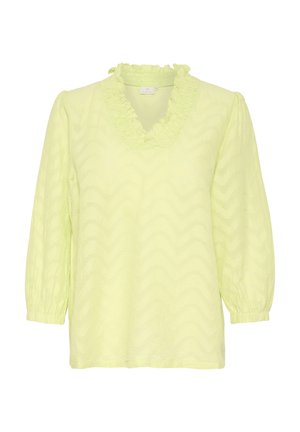 Limonengrünes Oberteil mit gewelltem Ausschnitt, Zickzack-Muster und langen Puffärmel mit elastischen Bündchen. Leichte Stoffqualität.