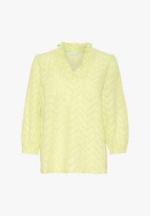 Limonengrünes Oberteil mit gewelltem Ausschnitt, Zickzack-Muster und langen Puffärmel mit elastischen Bündchen. Leichte Stoffqualität.