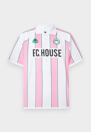 Short-sleeved polo shirt in white with alternating pink vertical stripes, green accents, and "F.C.HOUSE" printed in bold black on the front.