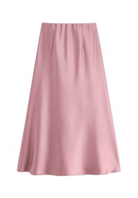 Gonna A-line in satin rosa chiaro con una superficie liscia e leggere pieghe vicino alla vita.