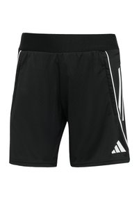 Zwarte sportbroekjes van lichtgewicht stof, met een elastische tailleband, zijzakken en witte diagonale strepen voor contrast.