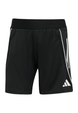 Black sports shorts made of lightweight fabric, featuring an elastic waistband, side pockets, and white diagonal stripes for contrast.