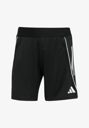 Shorts de sport noirs en tissu léger, dotés d'une taille élastique, de poches latérales et de rayures diagonales blanches pour le contraste.