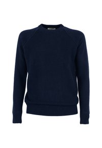 Marineblauwe crew neck trui van zachte stof, met ribbelboorden en manchet, en raglanmouwen voor een comfortabele pasvorm.