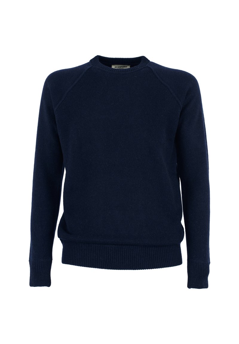 Marineblauwe crew neck trui van zachte stof, met ribbelboorden en manchet, en raglanmouwen voor een comfortabele pasvorm.
