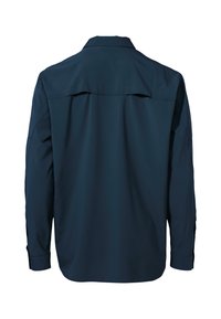 Camicia a maniche lunghe di un blu navy scuro con colletto, dettaglio sulla spalla posteriore e polsini con bottoni. Tessuto liscio, vestibilità ampia, progettata per il comfort.