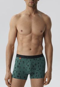 Męskie bokserskie slipy w kolorze zielonym z graficznym wzorem w wyraźne czarne litery. Elastyczny pas z logo marki, materiał z domieszką bawełny.